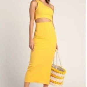Spice Things Up Ribbed One Shoulder Cutout Midi Dress in Yellow